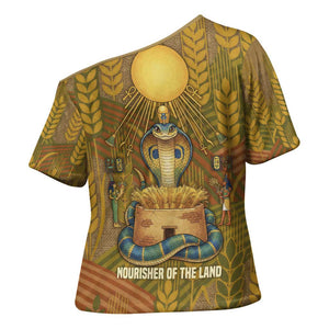 Renenutet  Golden Cobra Cross Shoulder Shirt with Wheat Motif in Egyptian Agricultural Theme