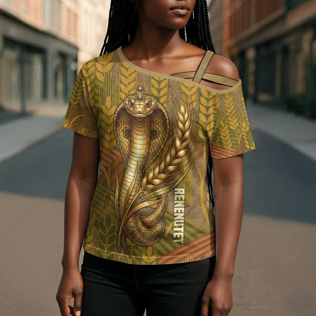 Renenutet  Golden Cobra Cross Shoulder Shirt with Wheat Motif in Egyptian Agricultural Theme