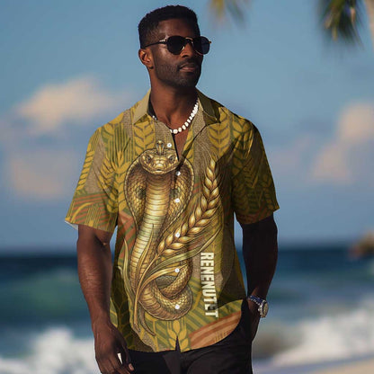 Renenutet  Golden Cobra Hawaiian Shirt with Wheat Motif in Egyptian Agricultural Theme