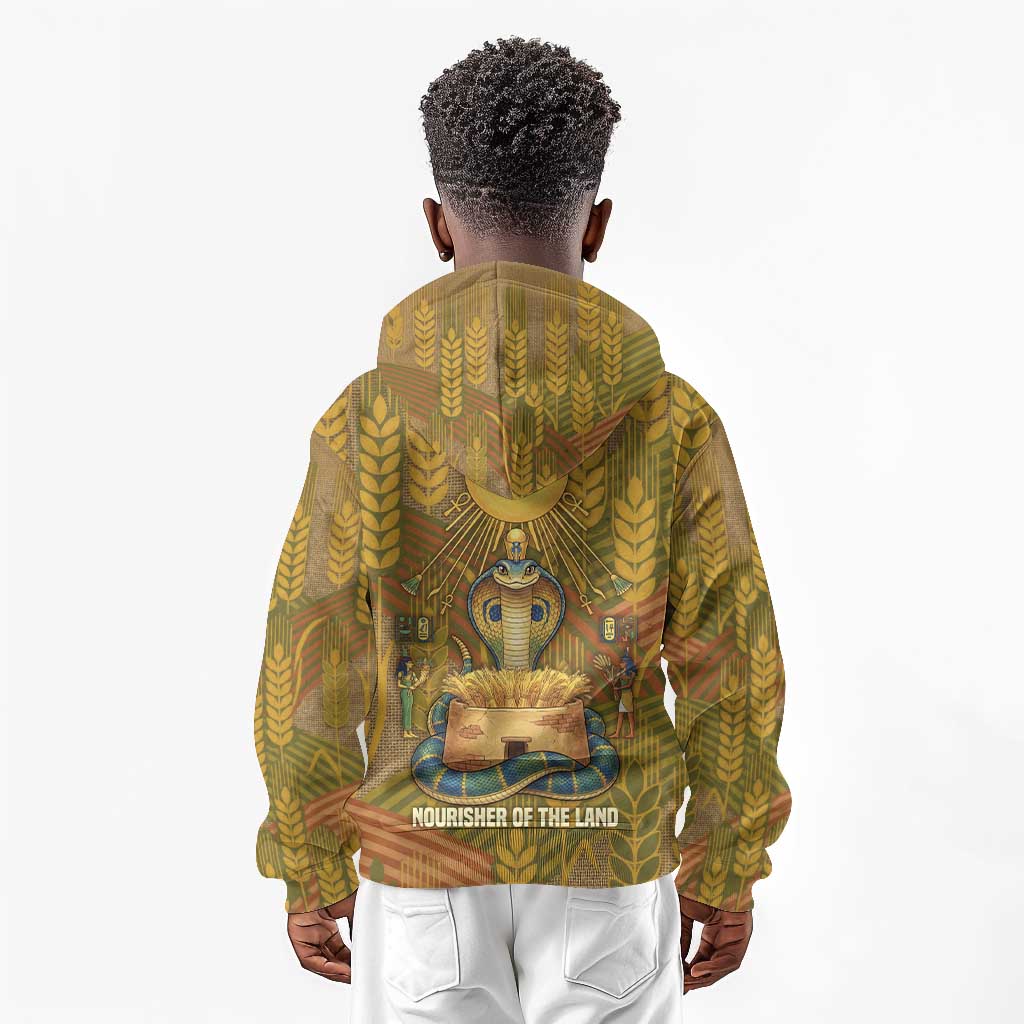Renenutet  Golden Cobra Kid Hoodie with Wheat Motif in Egyptian Agricultural Theme