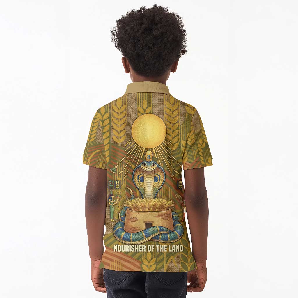 Renenutet  Golden Cobra Kid Polo Shirt with Wheat Motif in Egyptian Agricultural Theme