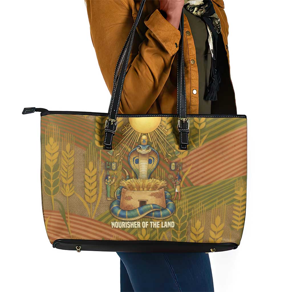 Renenutet  Golden Cobra Leather Tote Bag with Wheat Motif in Egyptian Agricultural Theme