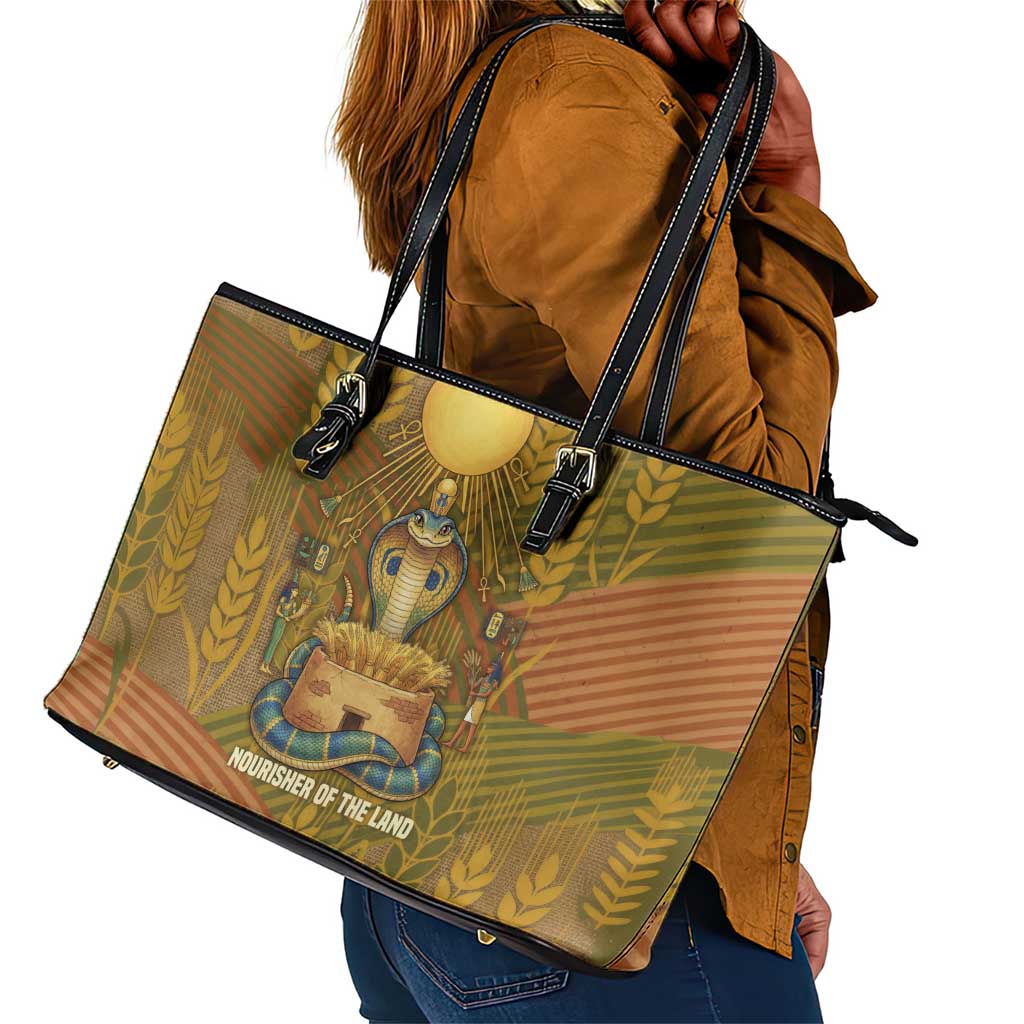 Renenutet  Golden Cobra Leather Tote Bag with Wheat Motif in Egyptian Agricultural Theme