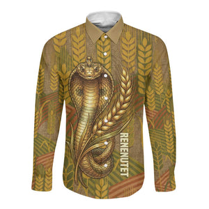 Renenutet  Golden Cobra Long Sleeve Button Shirt with Wheat Motif in Egyptian Agricultural Theme