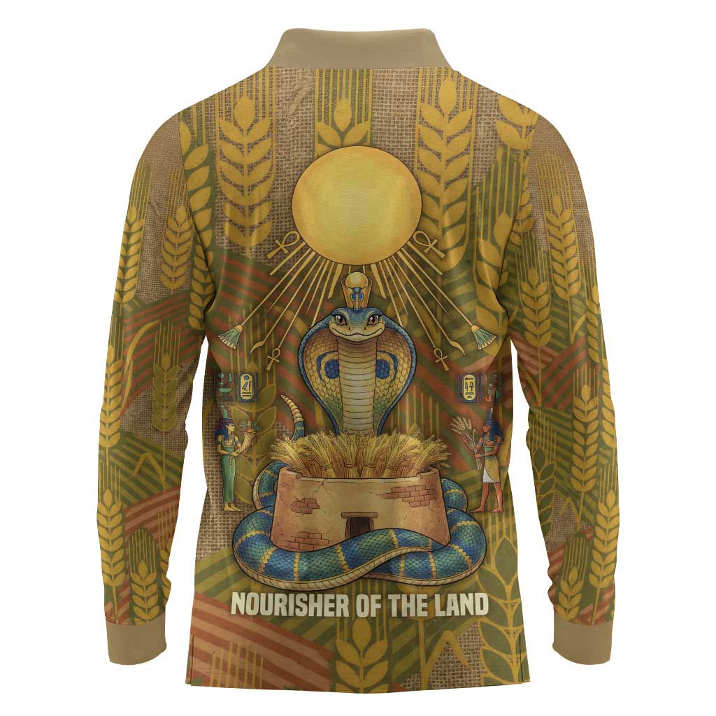 Renenutet  Golden Cobra Long Sleeve Polo Shirt with Wheat Motif in Egyptian Agricultural Theme