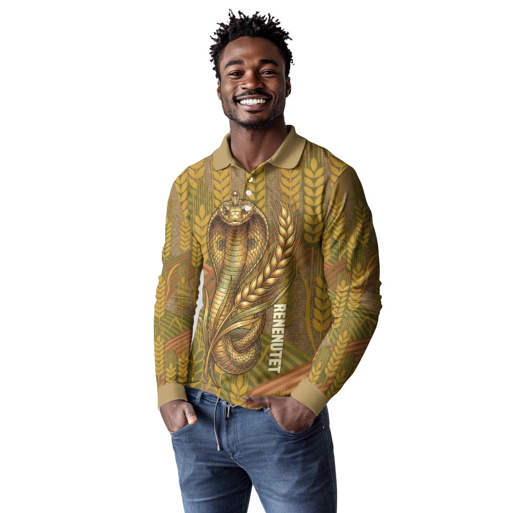 Renenutet  Golden Cobra Long Sleeve Polo Shirt with Wheat Motif in Egyptian Agricultural Theme