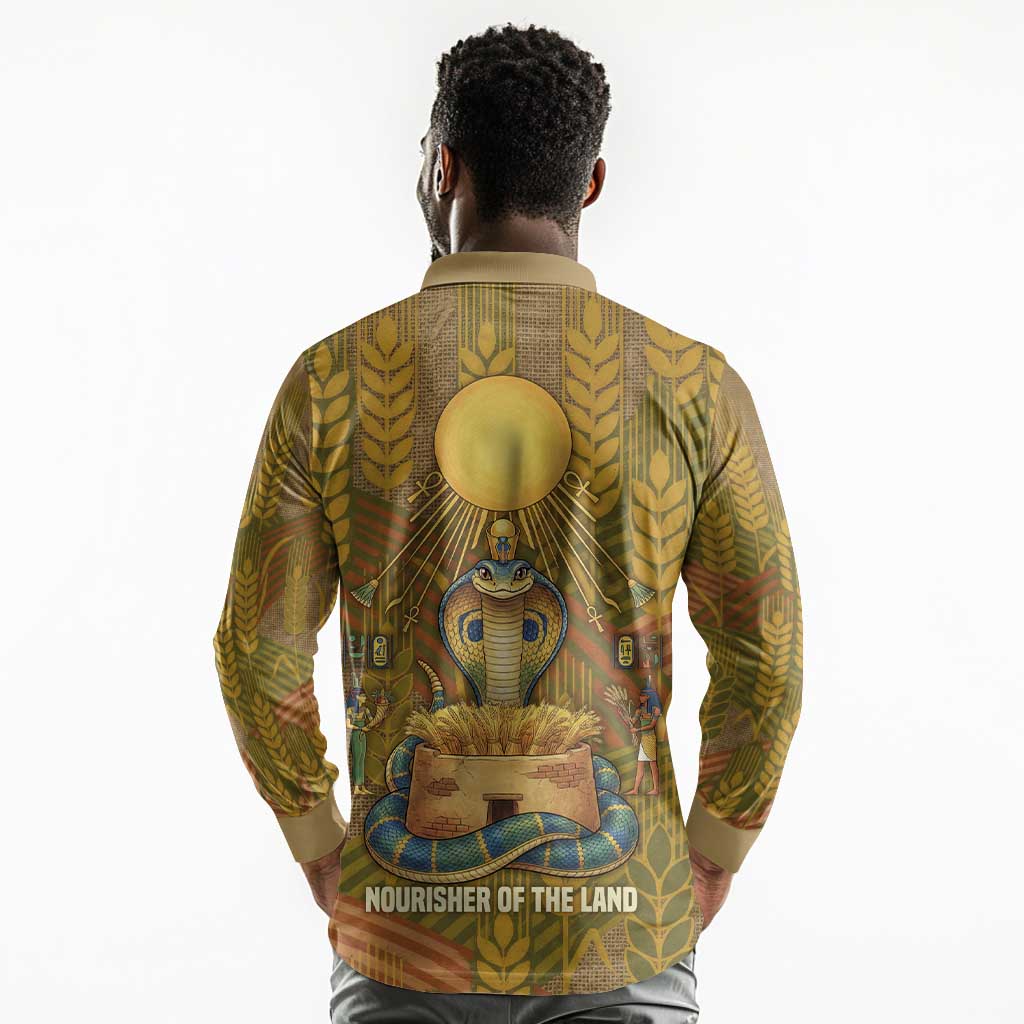 Renenutet  Golden Cobra Long Sleeve Polo Shirt with Wheat Motif in Egyptian Agricultural Theme