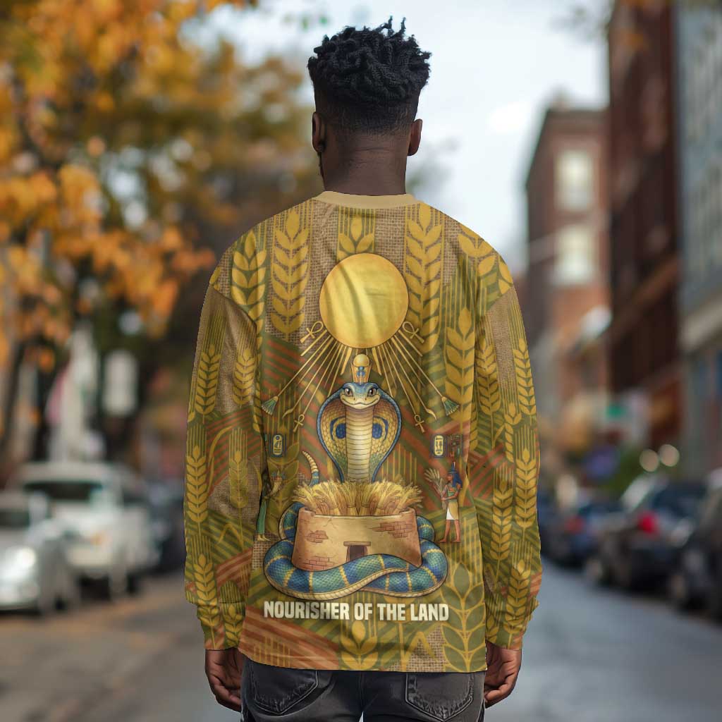 Renenutet  Golden Cobra Long Sleeve Shirt with Wheat Motif in Egyptian Agricultural Theme