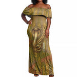 Renenutet  Golden Cobra Off Shoulder Maxi Dress with Wheat Motif in Egyptian Agricultural Theme