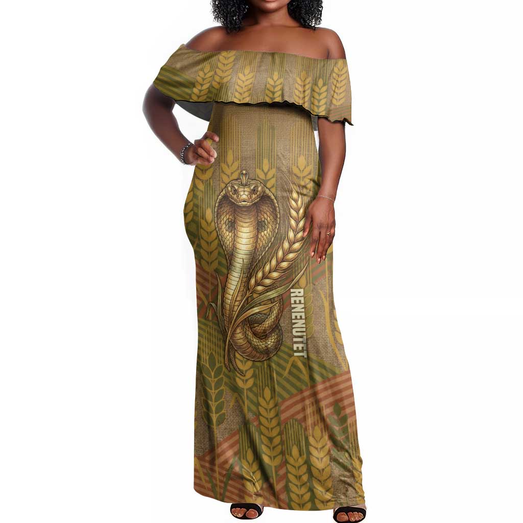 Renenutet  Golden Cobra Off Shoulder Maxi Dress with Wheat Motif in Egyptian Agricultural Theme