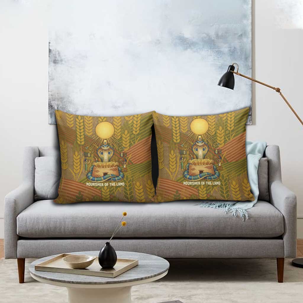 Renenutet  Golden Cobra Pillow Cover with Wheat Motif in Egyptian Agricultural Theme