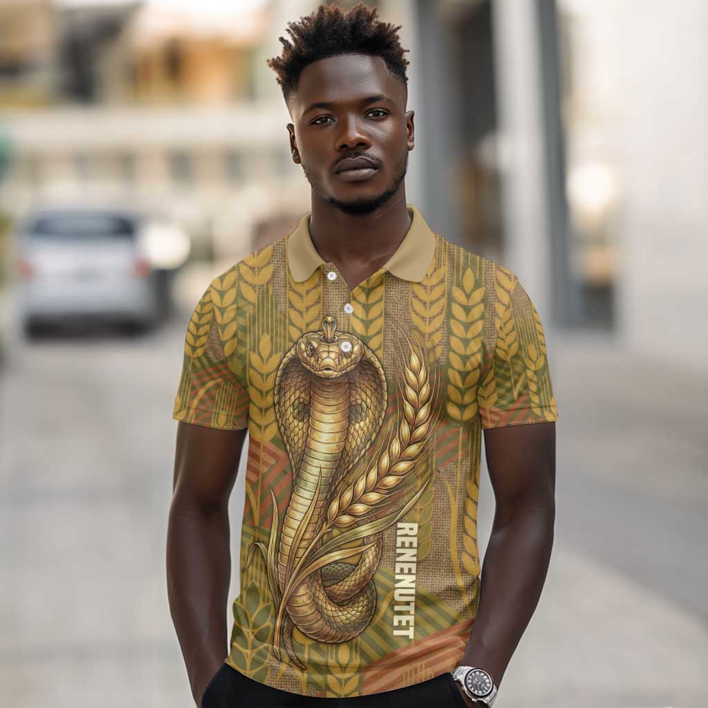 Renenutet  Golden Cobra Polo Shirt with Wheat Motif in Egyptian Agricultural Theme