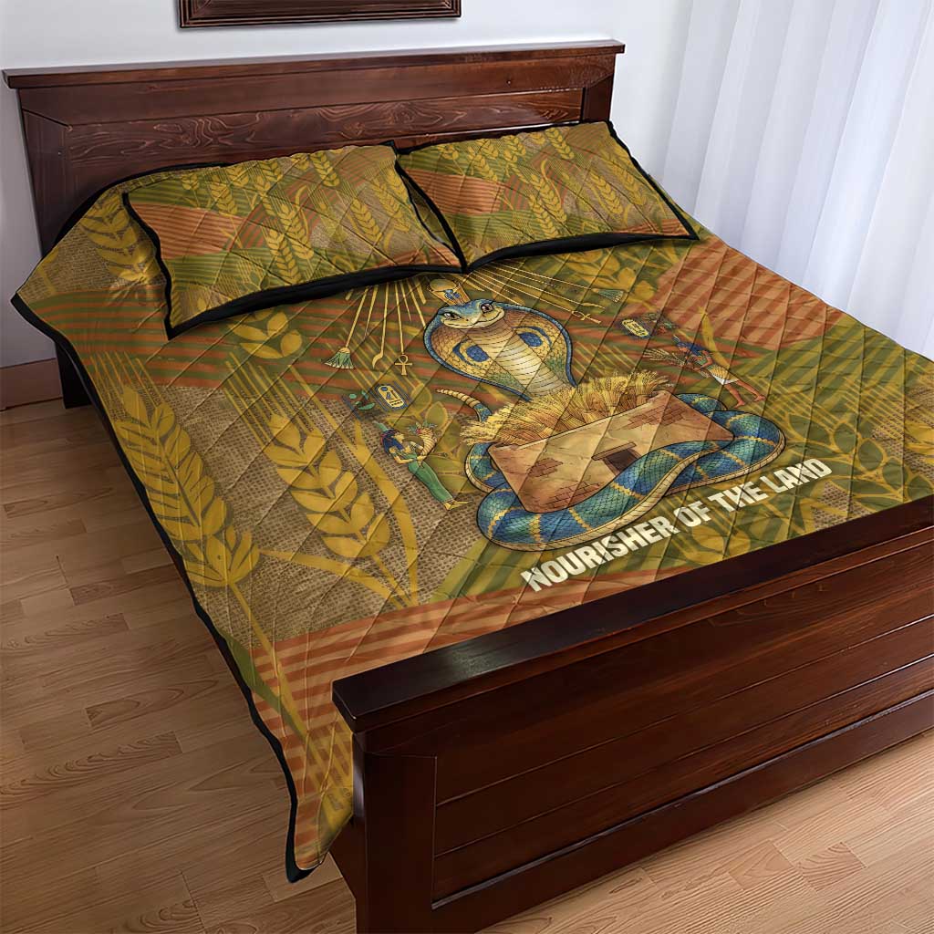 Renenutet  Golden Cobra Quilt Bed Set with Wheat Motif in Egyptian Agricultural Theme