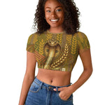 Renenutet  Golden Cobra Raglan Cropped T shirt with Wheat Motif in Egyptian Agricultural Theme