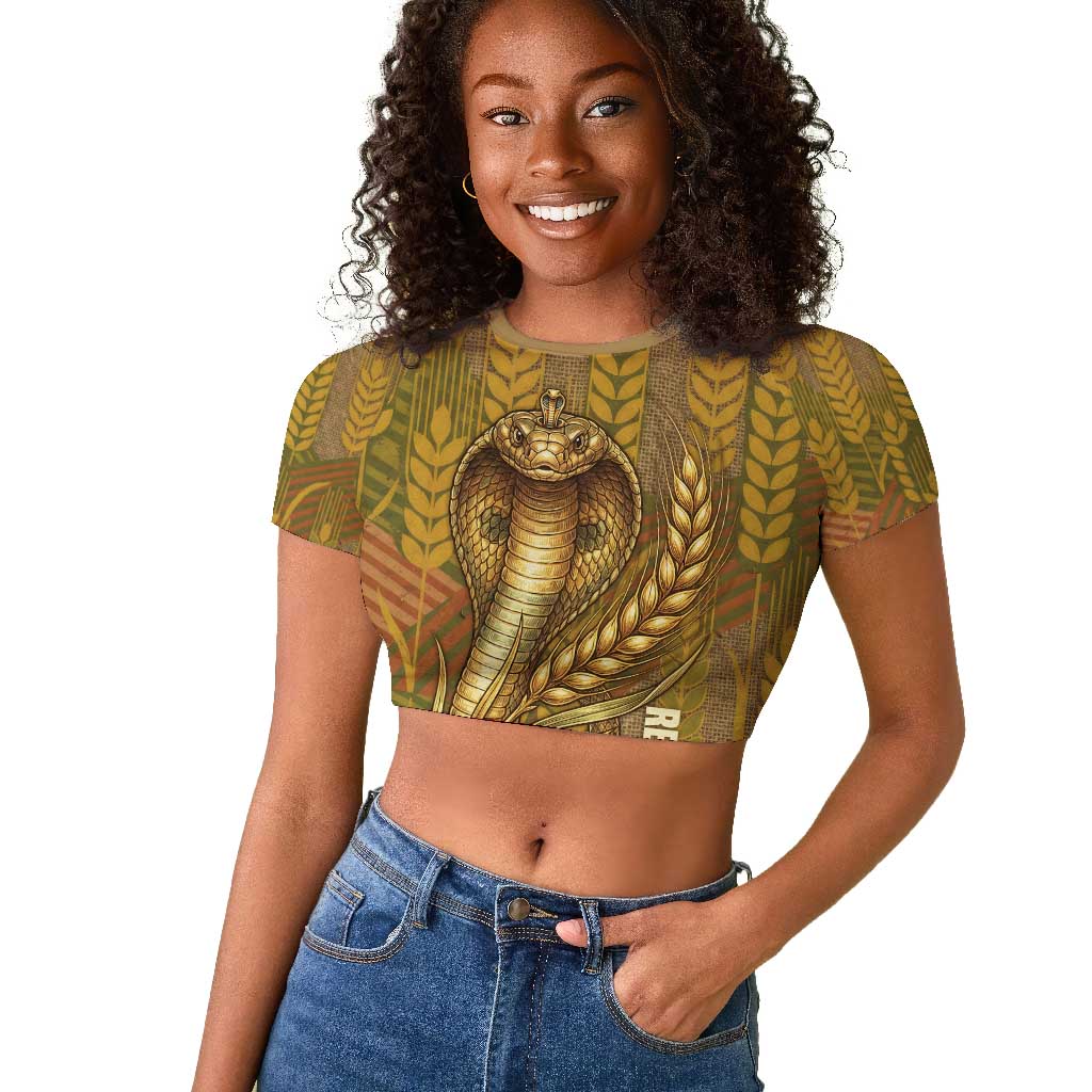 Renenutet  Golden Cobra Raglan Cropped T shirt with Wheat Motif in Egyptian Agricultural Theme