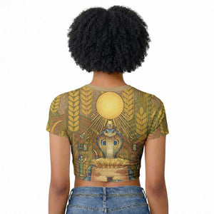 Renenutet  Golden Cobra Raglan Cropped T shirt with Wheat Motif in Egyptian Agricultural Theme