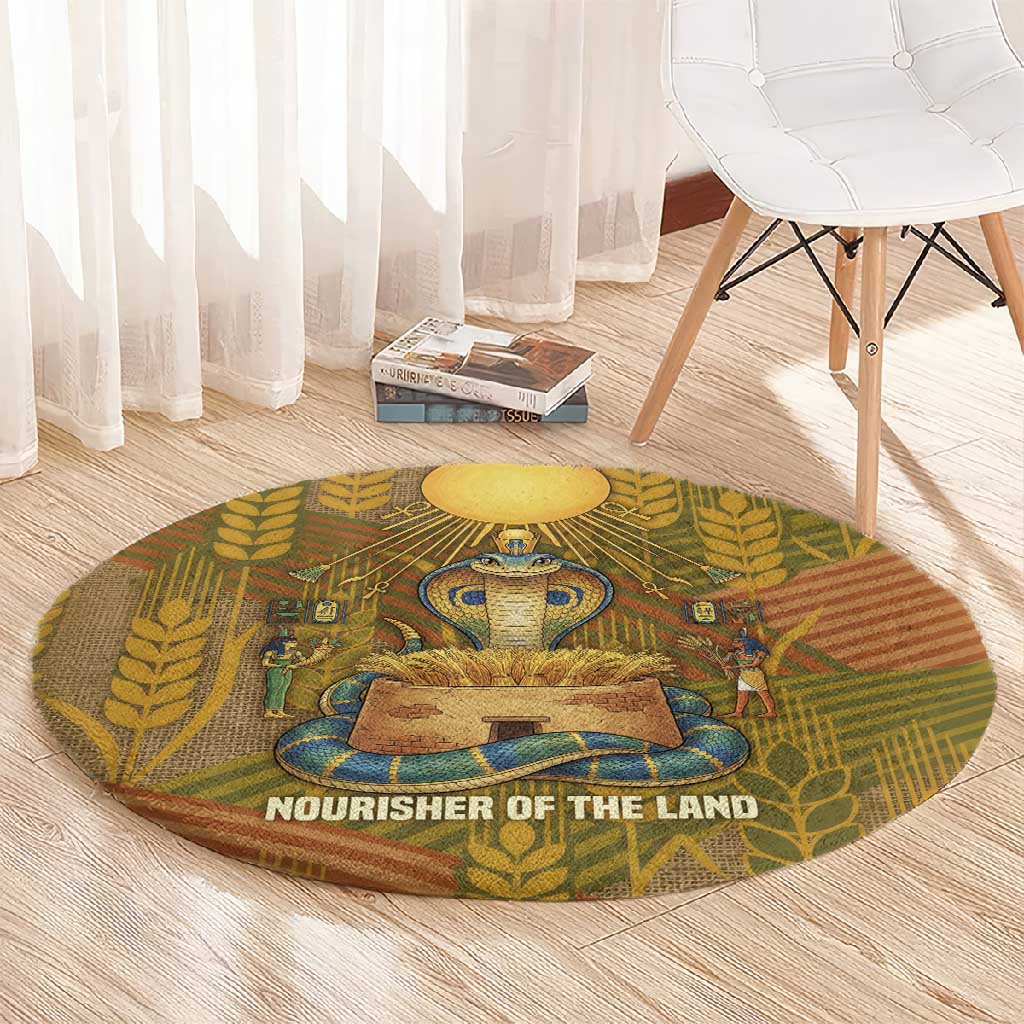 Renenutet  Golden Cobra Round Carpet with Wheat Motif in Egyptian Agricultural Theme