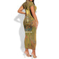 Renenutet  Golden Cobra Short Sleeve Bodycon Dress with Wheat Motif in Egyptian Agricultural Theme