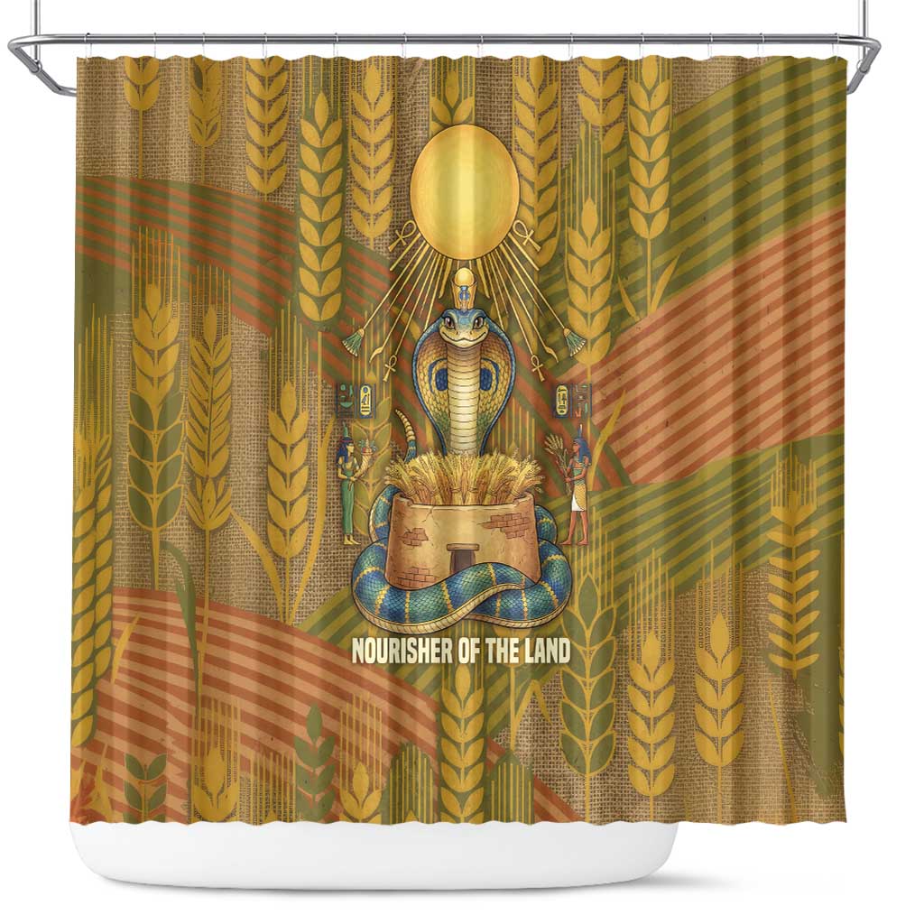 Renenutet  Golden Cobra Shower Curtain with Wheat Motif in Egyptian Agricultural Theme
