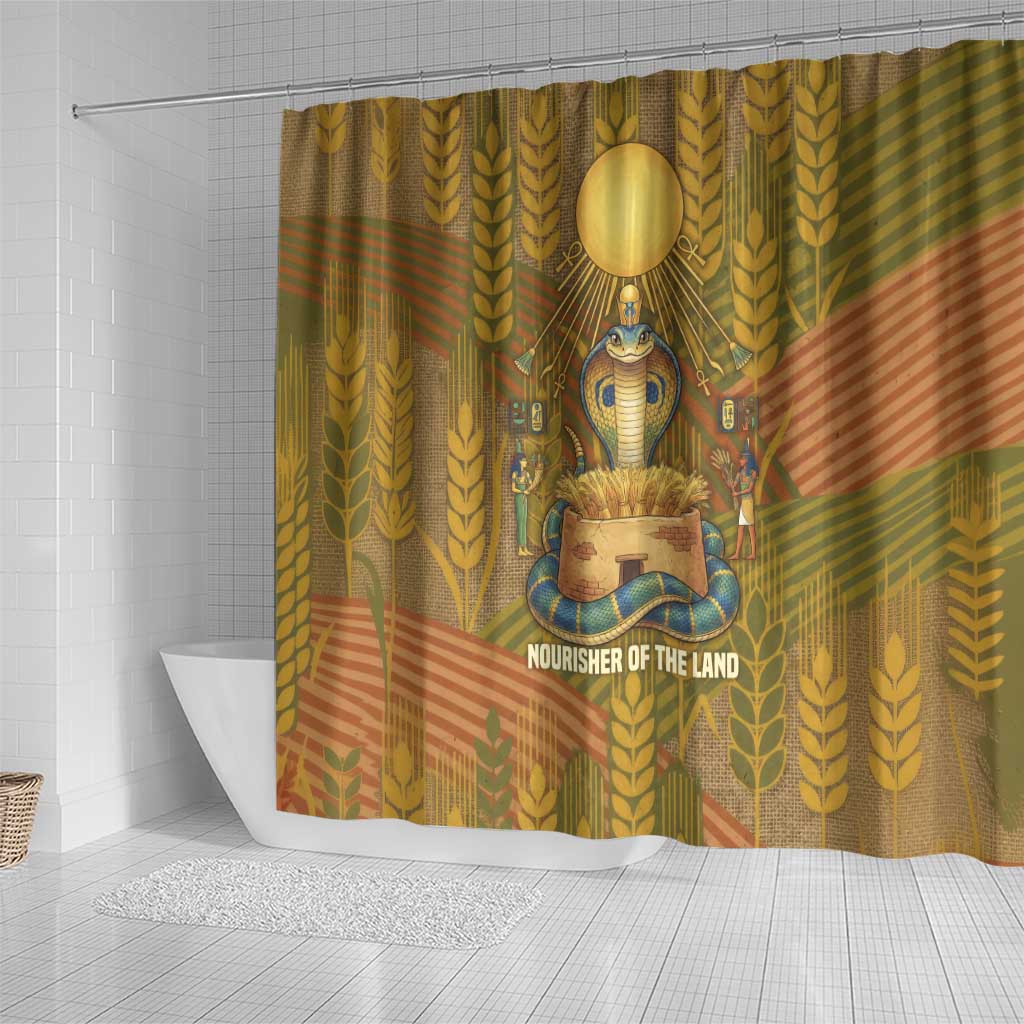 Renenutet  Golden Cobra Shower Curtain with Wheat Motif in Egyptian Agricultural Theme