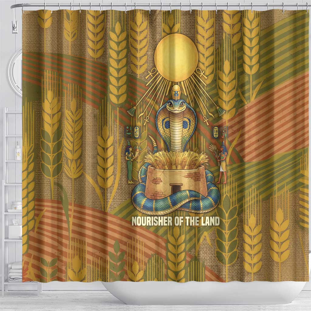 Renenutet  Golden Cobra Shower Curtain with Wheat Motif in Egyptian Agricultural Theme