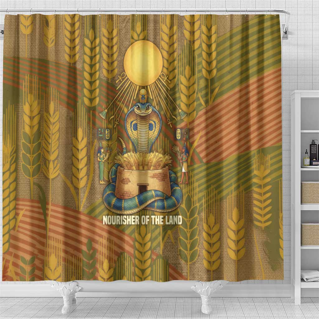 Renenutet  Golden Cobra Shower Curtain with Wheat Motif in Egyptian Agricultural Theme