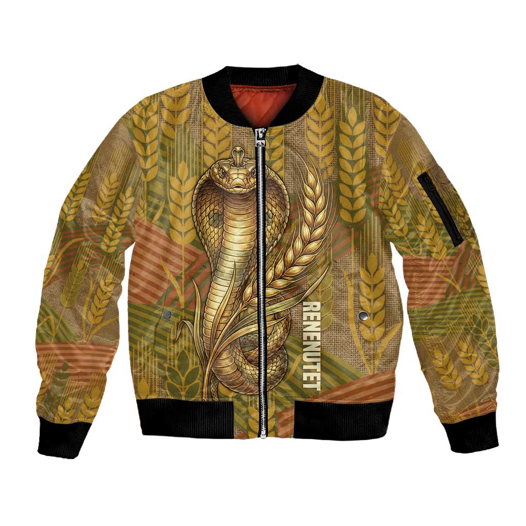 Renenutet  Golden Cobra Sleeve Zip Bomber Jacket with Wheat Motif in Egyptian Agricultural Theme