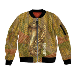 Renenutet  Golden Cobra Sleeve Zip Bomber Jacket with Wheat Motif in Egyptian Agricultural Theme