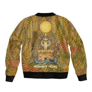 Renenutet  Golden Cobra Sleeve Zip Bomber Jacket with Wheat Motif in Egyptian Agricultural Theme