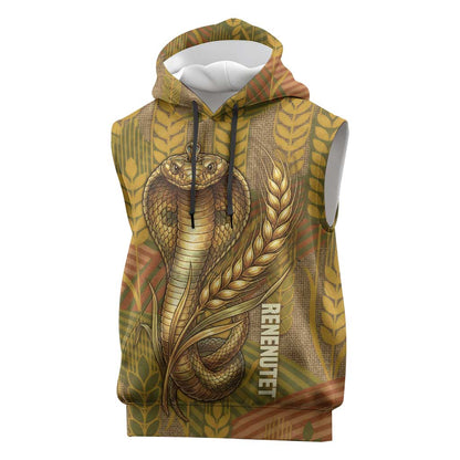 Renenutet  Golden Cobra Sleeveless Hoodie with Wheat Motif in Egyptian Agricultural Theme