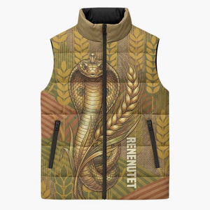 Renenutet  Golden Cobra Sleeveless Puffer Jacket with Wheat Motif in Egyptian Agricultural Theme