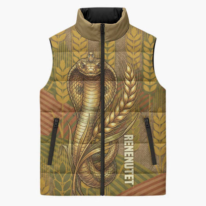 Renenutet  Golden Cobra Sleeveless Puffer Jacket with Wheat Motif in Egyptian Agricultural Theme