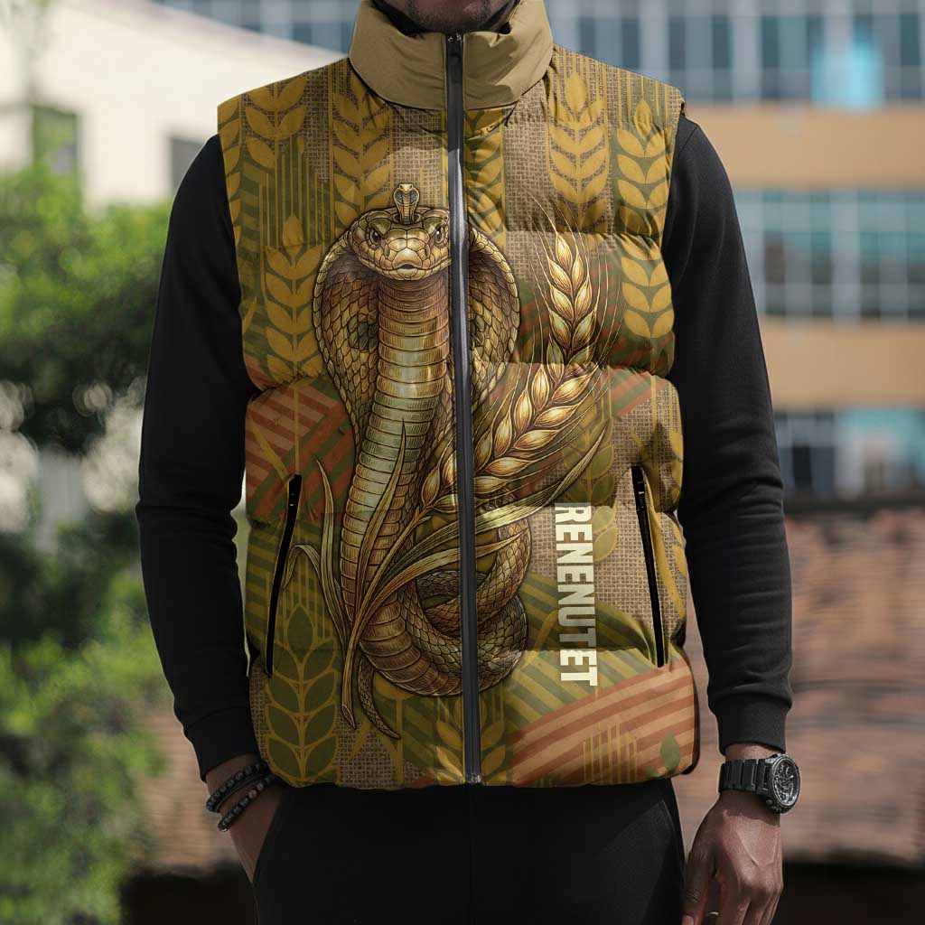 Renenutet  Golden Cobra Sleeveless Puffer Jacket with Wheat Motif in Egyptian Agricultural Theme