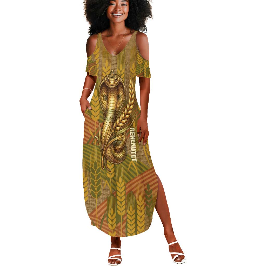 Renenutet  Golden Cobra Summer Maxi Dress with Wheat Motif in Egyptian Agricultural Theme