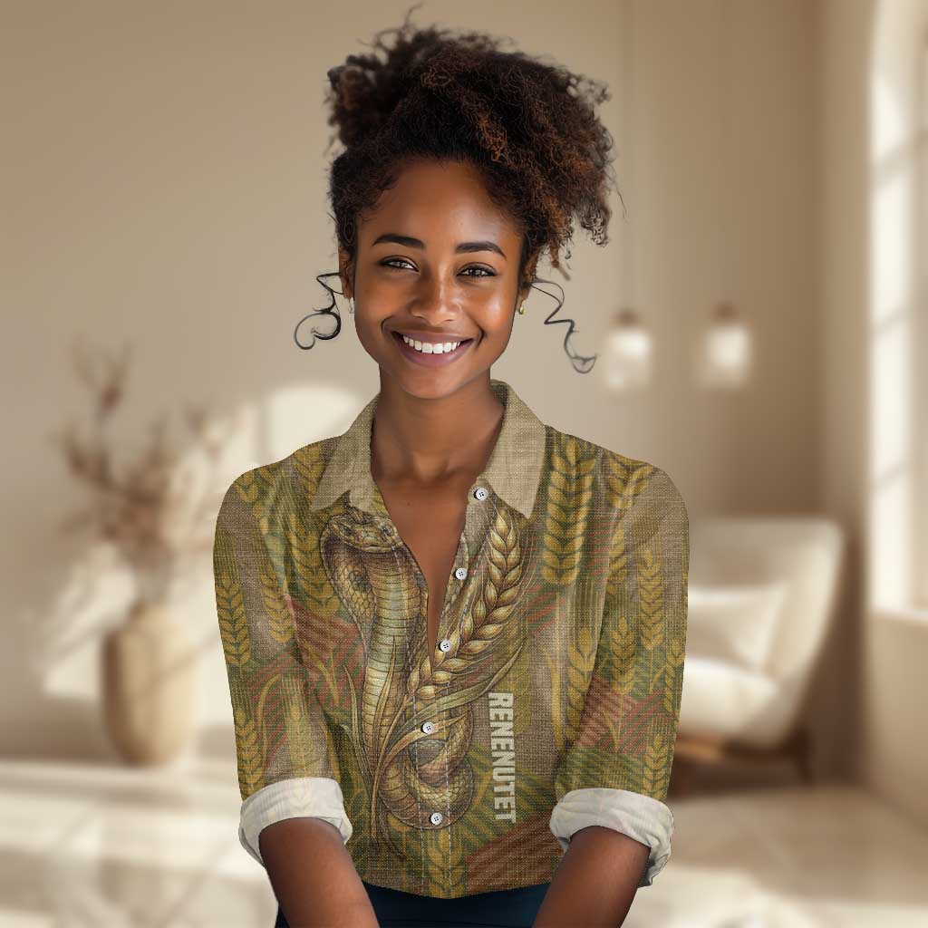 Renenutet  Golden Cobra Women Casual Shirt with Wheat Motif in Egyptian Agricultural Theme