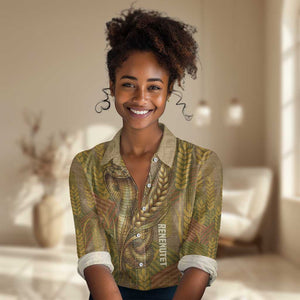 Renenutet  Golden Cobra Women Casual Shirt with Wheat Motif in Egyptian Agricultural Theme
