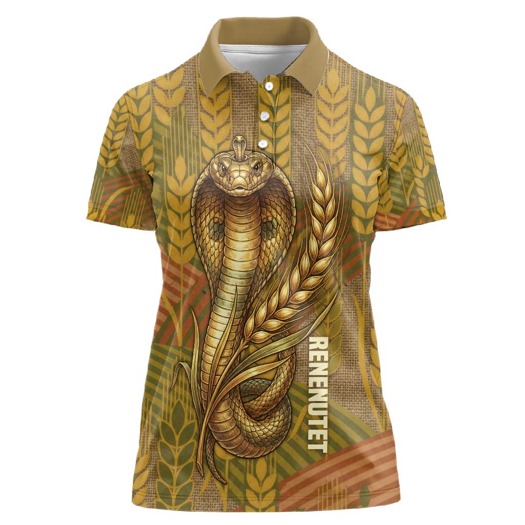 Renenutet  Golden Cobra Women Polo Shirt with Wheat Motif in Egyptian Agricultural Theme