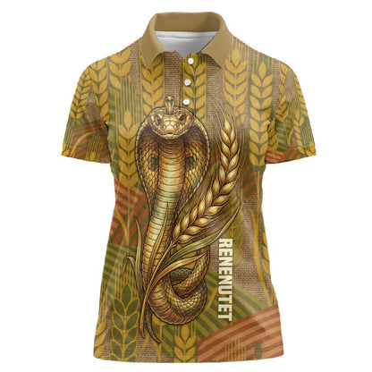 Renenutet  Golden Cobra Women Polo Shirt with Wheat Motif in Egyptian Agricultural Theme
