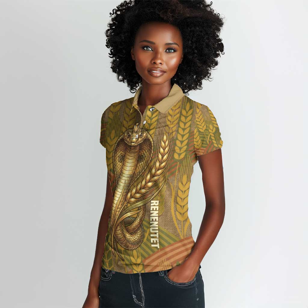 Renenutet  Golden Cobra Women Polo Shirt with Wheat Motif in Egyptian Agricultural Theme