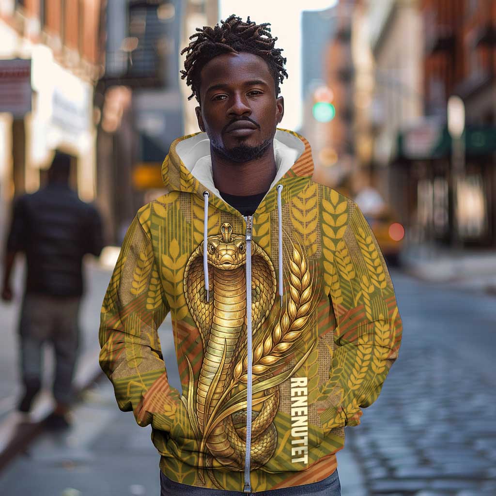 Renenutet  Golden Cobra Zip Hoodie with Wheat Motif in Egyptian Agricultural Theme