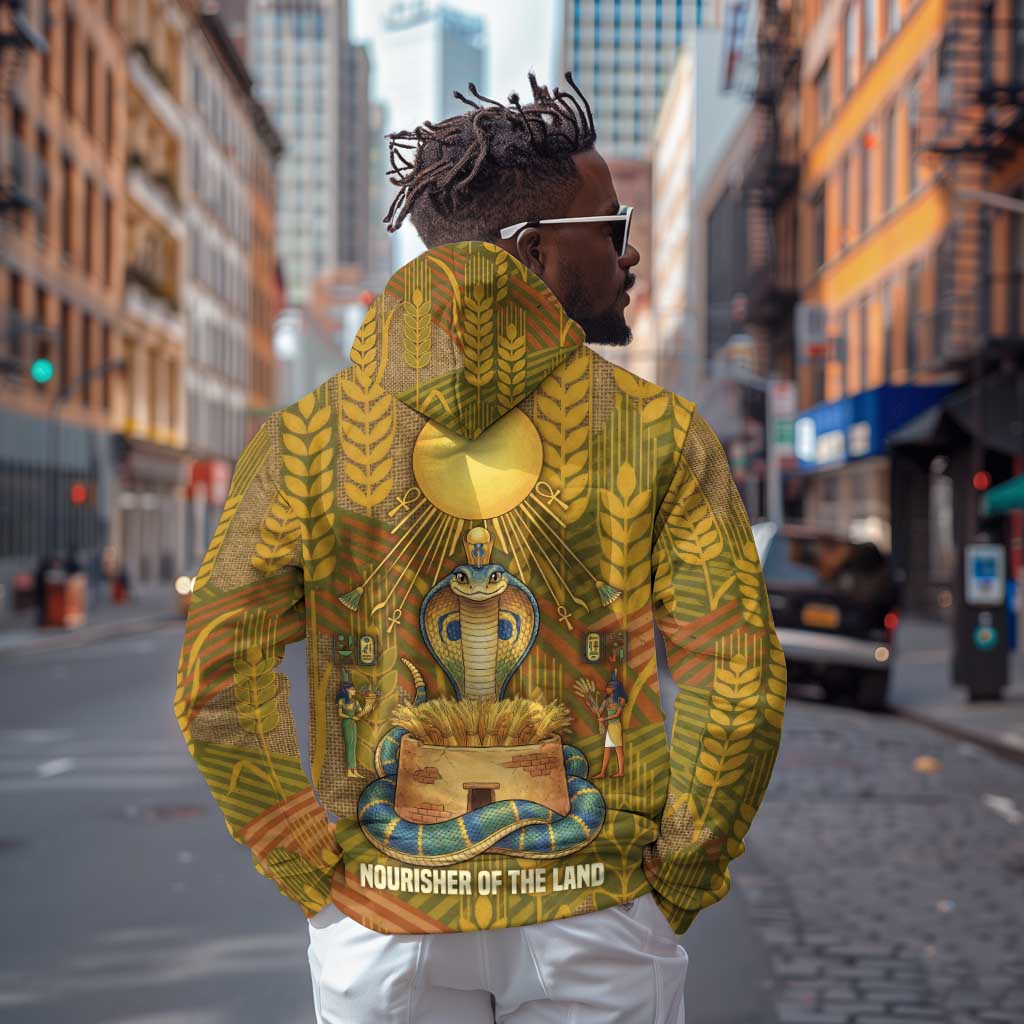 Renenutet  Golden Cobra Zip Hoodie with Wheat Motif in Egyptian Agricultural Theme