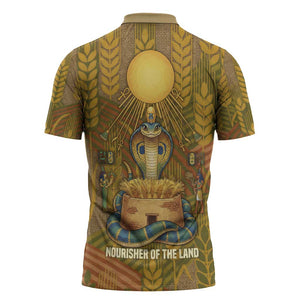 Renenutet  Golden Cobra Zipper Polo Shirt with Wheat Motif in Egyptian Agricultural Theme