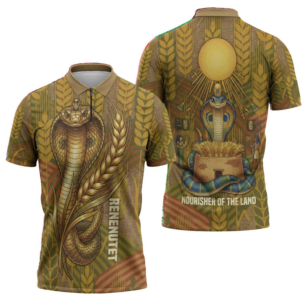 Renenutet  Golden Cobra Zipper Polo Shirt with Wheat Motif in Egyptian Agricultural Theme
