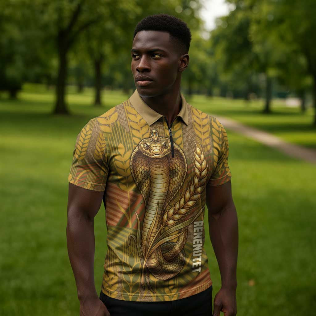 Renenutet  Golden Cobra Zipper Polo Shirt with Wheat Motif in Egyptian Agricultural Theme