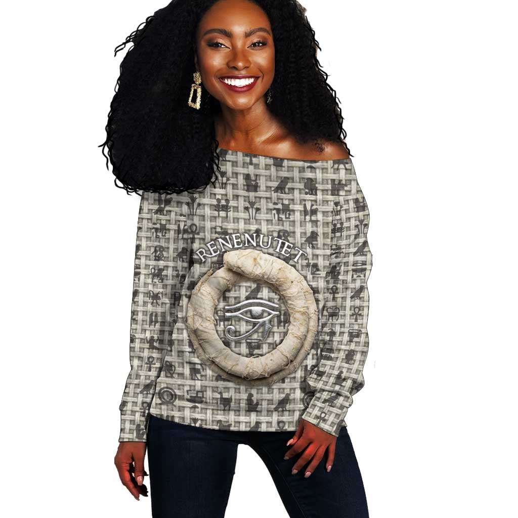 Renenutet Off Shoulder Sweater with Bread Ring and Eye of Horus in Egyptian Nourishment