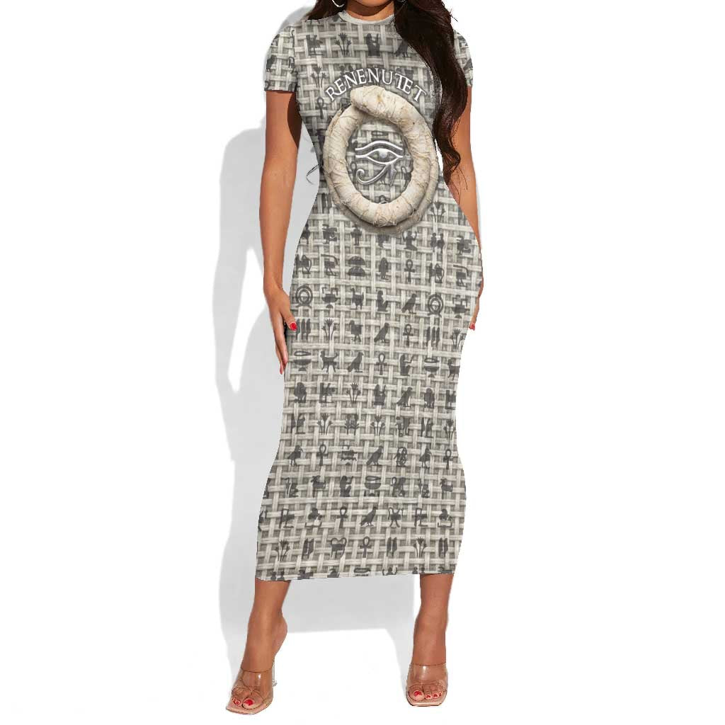 Renenutet Short Sleeve Bodycon Dress with Bread Ring and Eye of Horus in Egyptian Nourishment