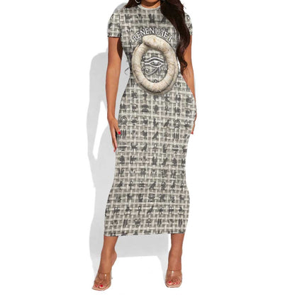 Renenutet Short Sleeve Bodycon Dress with Bread Ring and Eye of Horus in Egyptian Nourishment