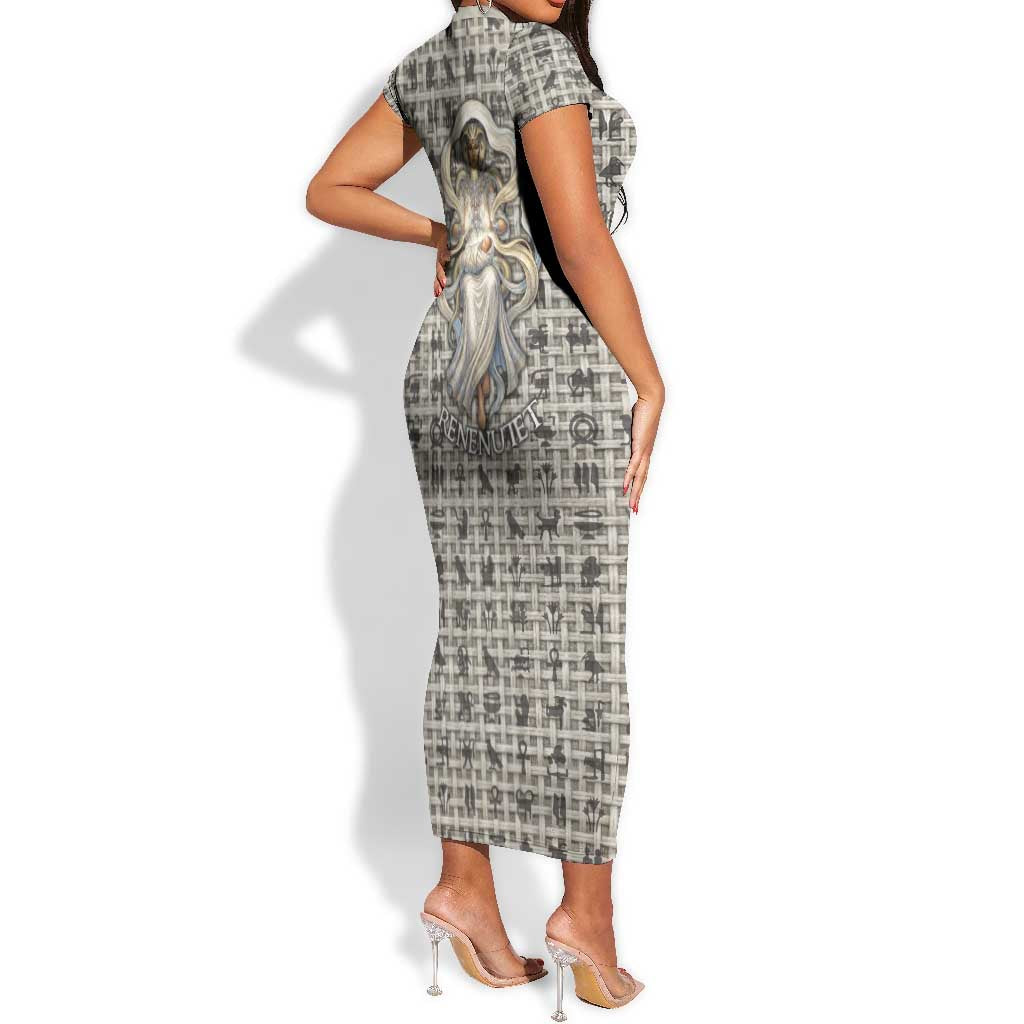 Renenutet Short Sleeve Bodycon Dress with Bread Ring and Eye of Horus in Egyptian Nourishment