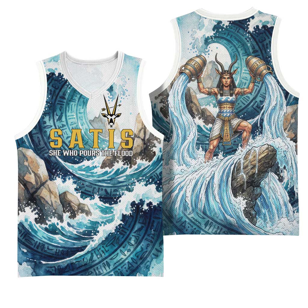 Satis Water Torrent Basketball Jersey with Egyptian Flood Symbolism in Oceanic Blue Tones