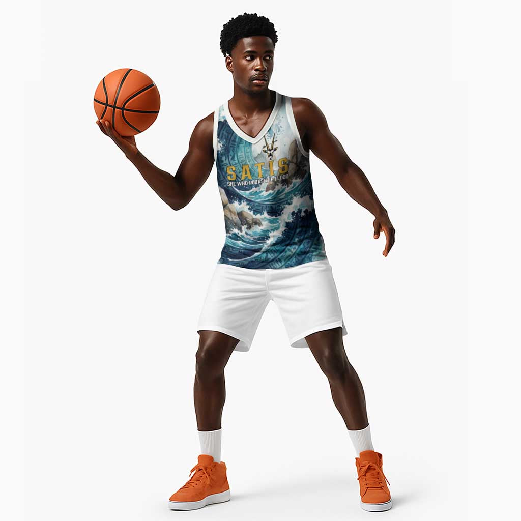 Satis Water Torrent Basketball Jersey with Egyptian Flood Symbolism in Oceanic Blue Tones